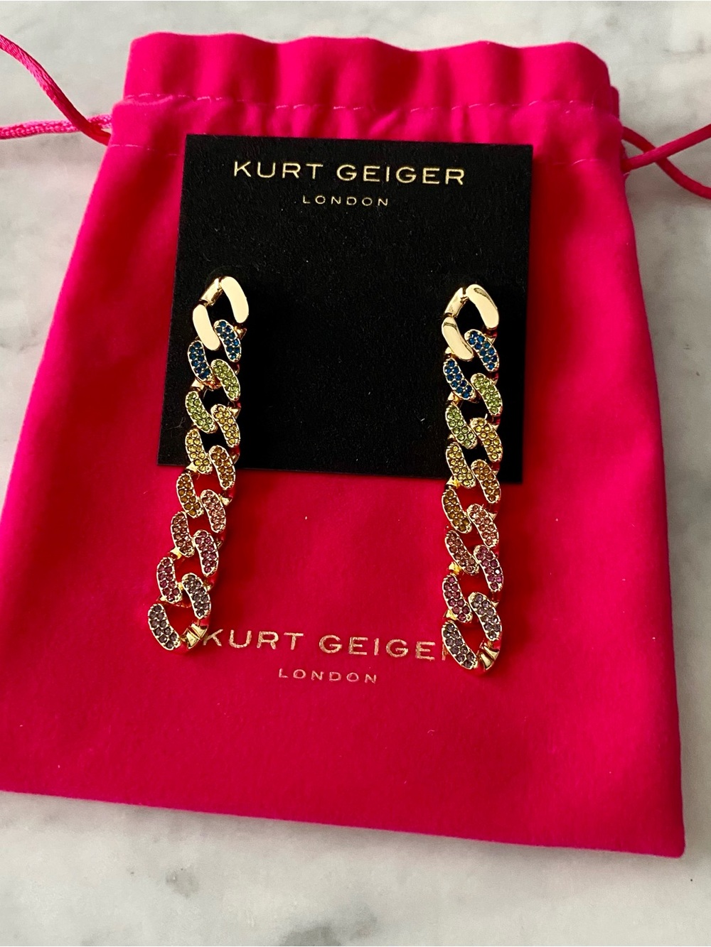 Kurt Geiger London Pave Rainbow Linear Link Dangle Earrings NWT